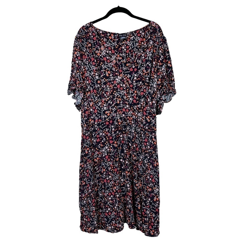 City Chic Floral Mutlicolor Puff Sleeve Tie Waist Fit 'n Flare Dress Size XL 22